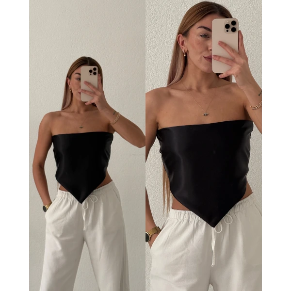 Saten Sırt Dekolteli Straplez Crop