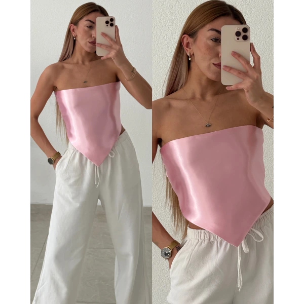 Saten Sırt Dekolteli Straplez Crop