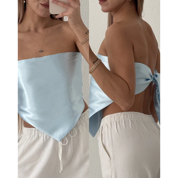 Saten Sırt Dekolteli Straplez Crop