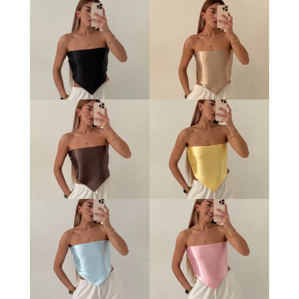 Saten Sırt Dekolteli Straplez Crop