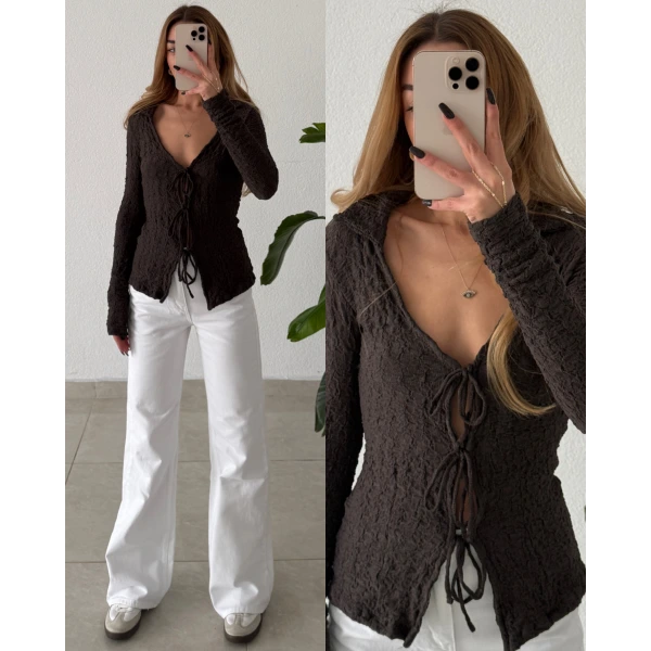 Bağlamalı V Yaka Dokulu Kahverengi Bluz