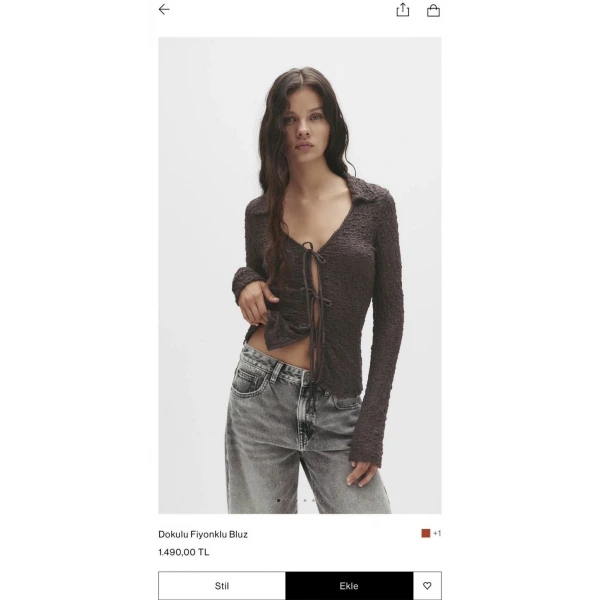 Bağlamalı V Yaka Dokulu Kahverengi Bluz