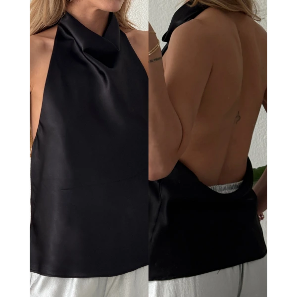 Degaje Yaka Sırt Dekolteli Saten Bluz