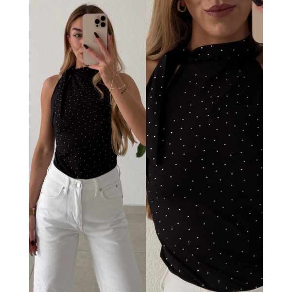 Boyundan Bağlamalı Taşlı Bluz