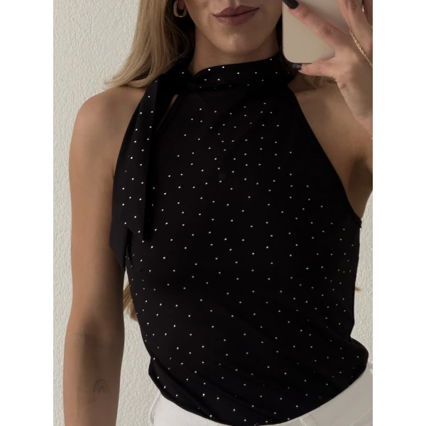 Boyundan Bağlamalı Taşlı Bluz