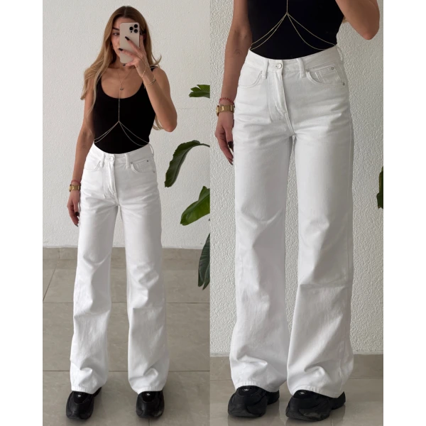 Beyaz Yüksek Bel Wide Leg Geniş Paça Jean