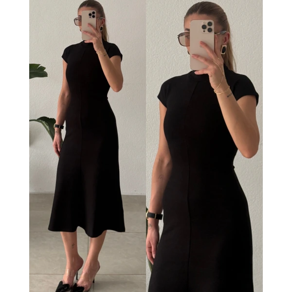 Eteği Belden Açılan Bel Oturtmalı Midi Boy Elbise