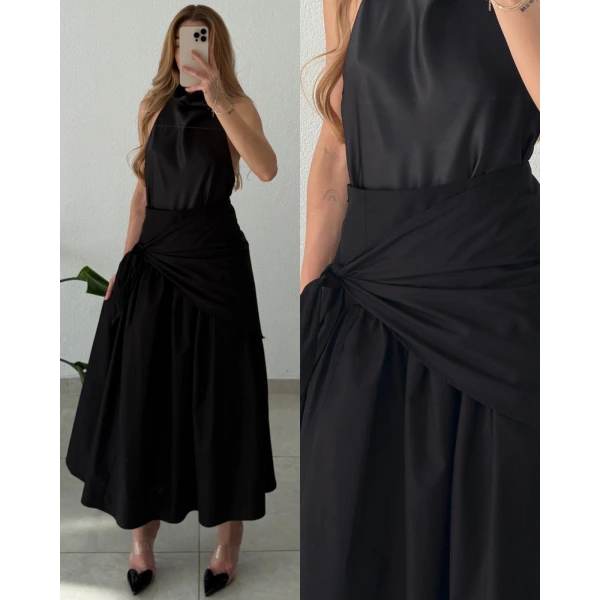 Bel Bağlamalı Uzun Poplin Etek