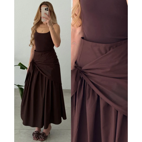 Bel Bağlamalı Uzun Poplin Etek