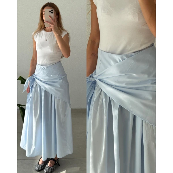 Bel Bağlamalı Uzun Poplin Etek