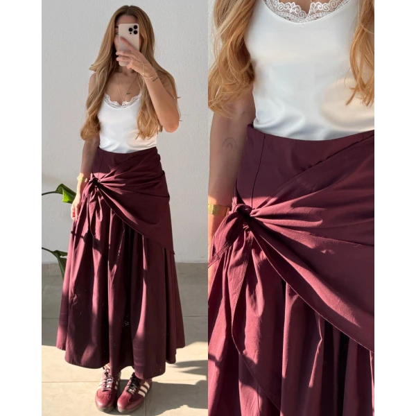 Bel Bağlamalı Uzun Poplin Etek