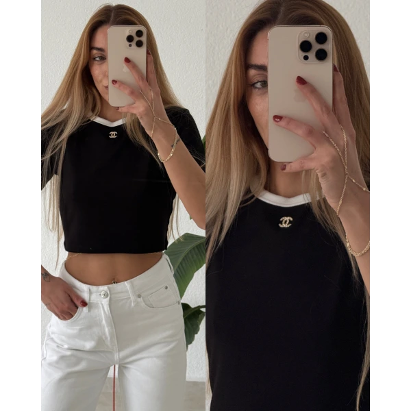 Marka Logolu Taşlı Kontrast Crop