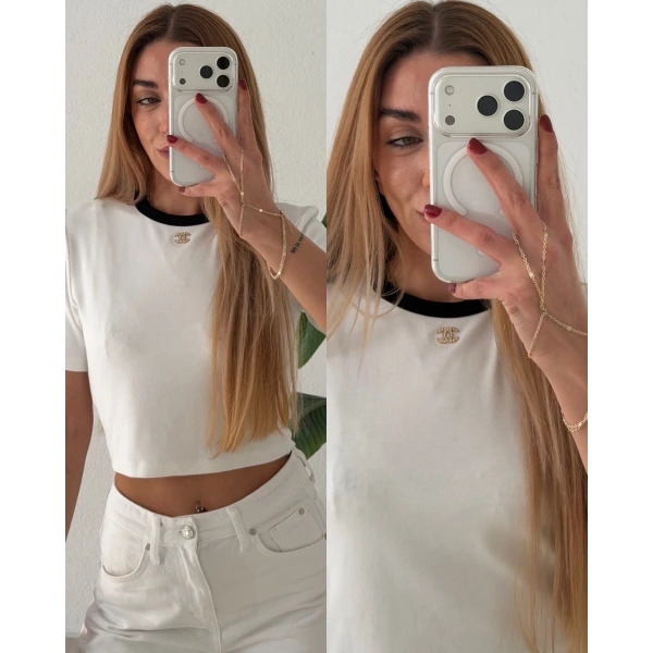 Marka Logolu Taşlı Kontrast Crop