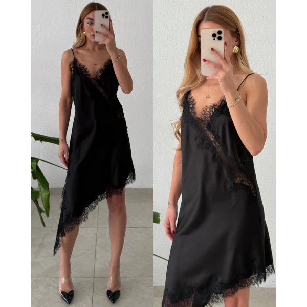 Asimetrik Dantel Detaylı Saten Elbise