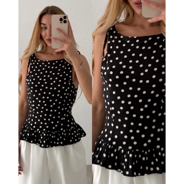 Pamuklu Puantiyeli Volanlı Bluz