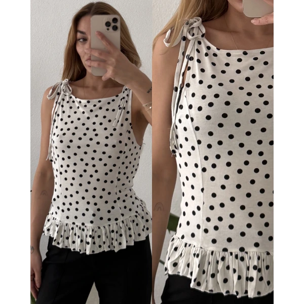 Pamuklu Puantiyeli Volanlı Bluz