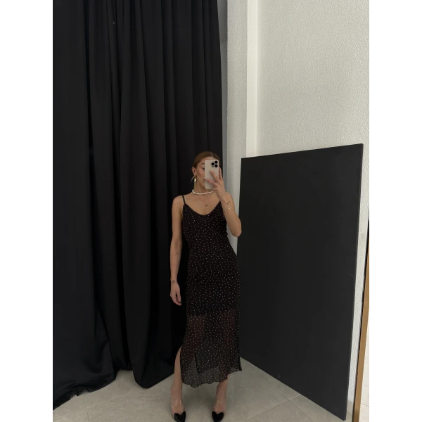 Orj Marka Tül Puantiyeli Midi Yırtmaçlı Elbise