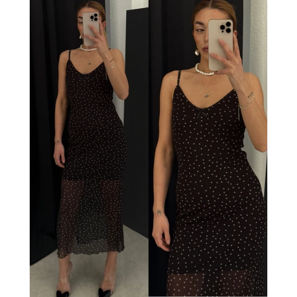 Orj Marka Tül Puantiyeli Midi Yırtmaçlı Elbise