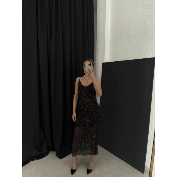 Orj Marka Tül Puantiyeli Midi Yırtmaçlı Elbise