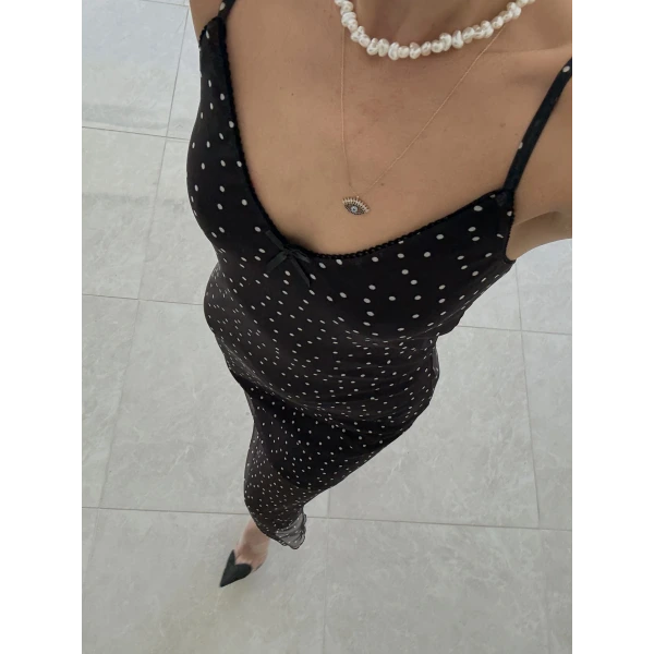 Orj Marka Tül Puantiyeli Midi Yırtmaçlı Elbise