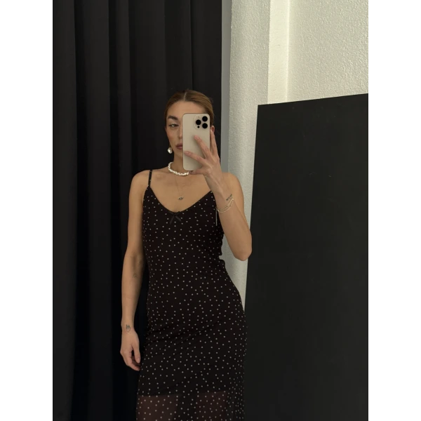 Orj Marka Tül Puantiyeli Midi Yırtmaçlı Elbise