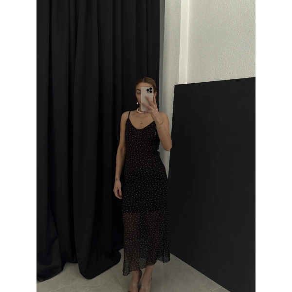 Orj Marka Tül Puantiyeli Midi Yırtmaçlı Elbise