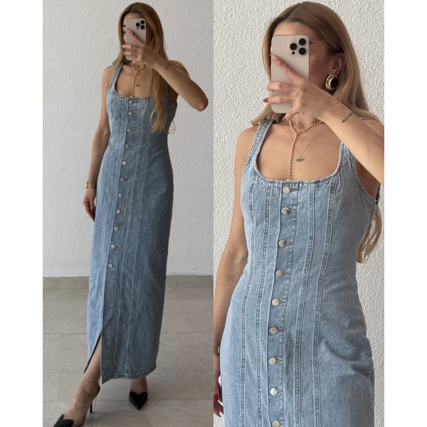 Orj Marka Askılı Full Düğme Kapamalı Maxi Boy Kot Elbise