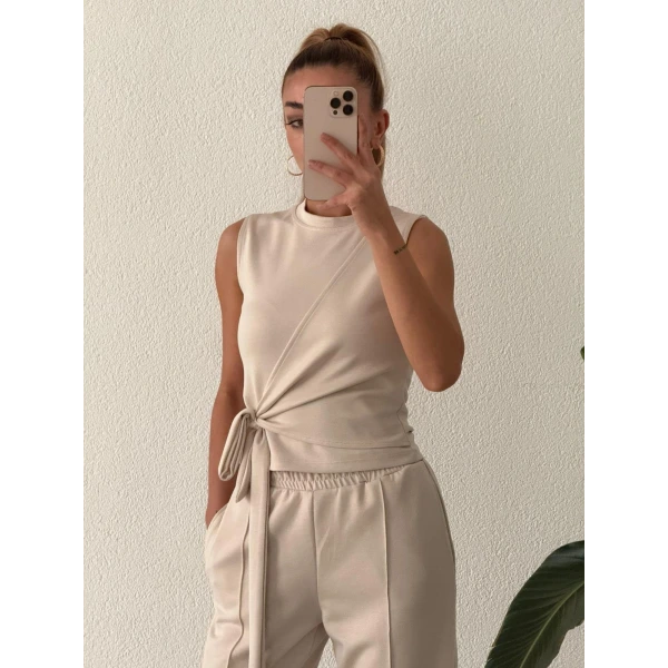 Asimetrik Bağlama Detaylı Kolsuz Modal Takım