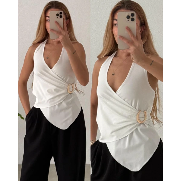 Asimetrik Kruvaze Yaka Boyundan Geçmeli Aksesuarlı Bluz