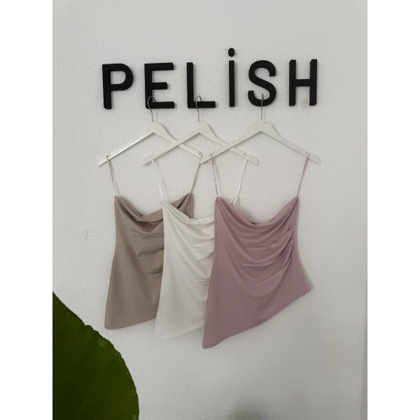 Asimetrik Straplez Pileli Bluz