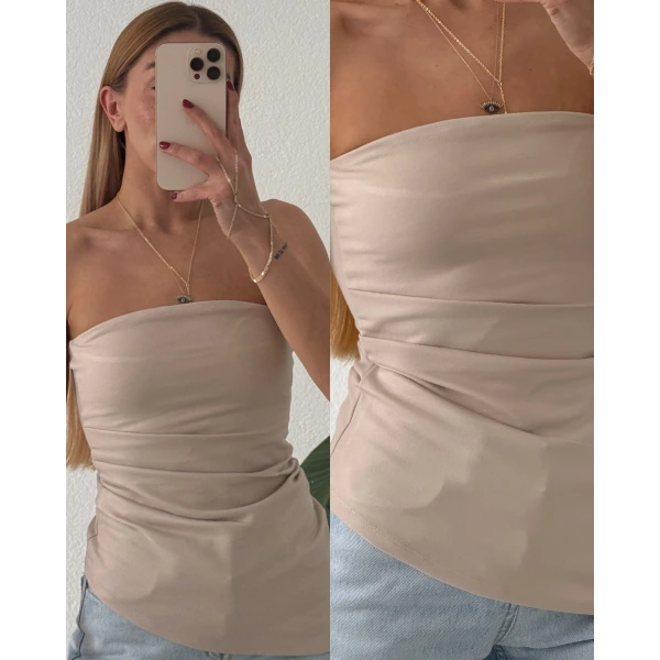 Asimetrik Straplez Pileli Bluz