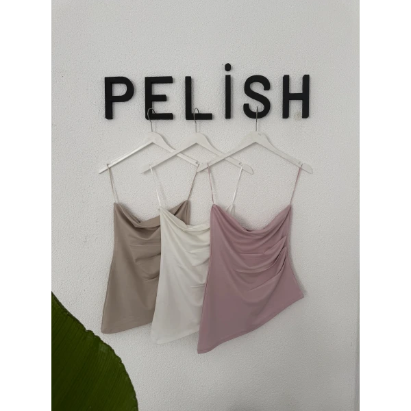 Asimetrik Straplez Pileli Bluz