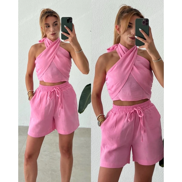 Boyundan Bağlamalı Şortlu Müslin Takım