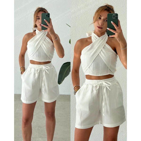 Boyundan Bağlamalı Şortlu Müslin Takım
