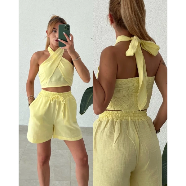 Boyundan Bağlamalı Şortlu Müslin Takım