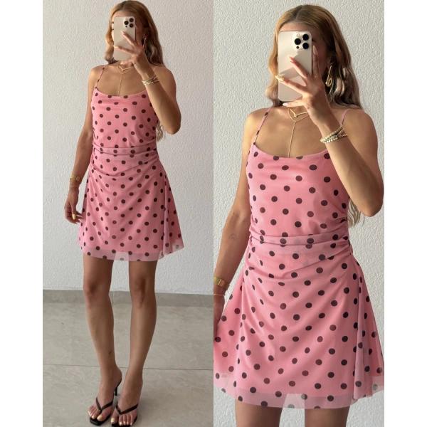 Büzgülü Puantiye Desenli Mini Tül Elbise
