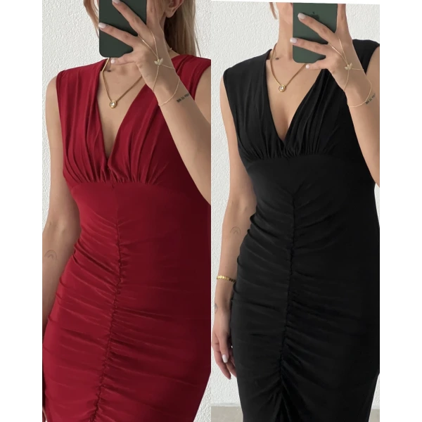 Büzgülü Yırtmaçlı Midi Sandy Elbise