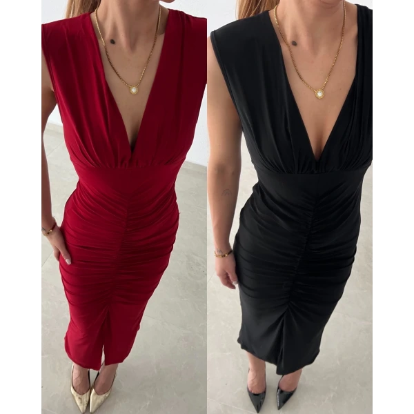 Büzgülü Yırtmaçlı Midi Sandy Elbise