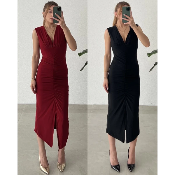 Büzgülü Yırtmaçlı Midi Sandy Elbise