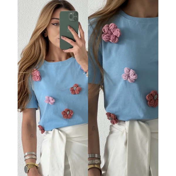 Çiçek Örgülü Pamuk Tişört