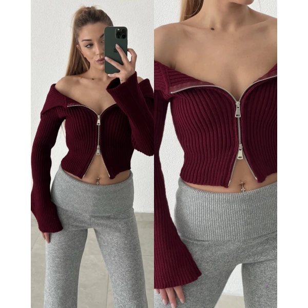 Çift Fermuarlı Madonna Yaka Triko Hırka