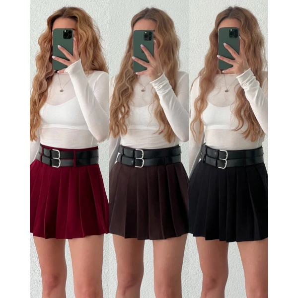 Çift Kemerli Pileli Etek