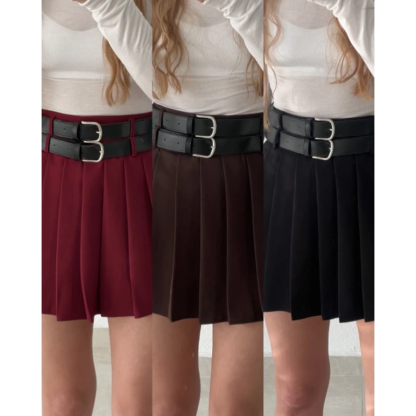 Çift Kemerli Pileli Etek