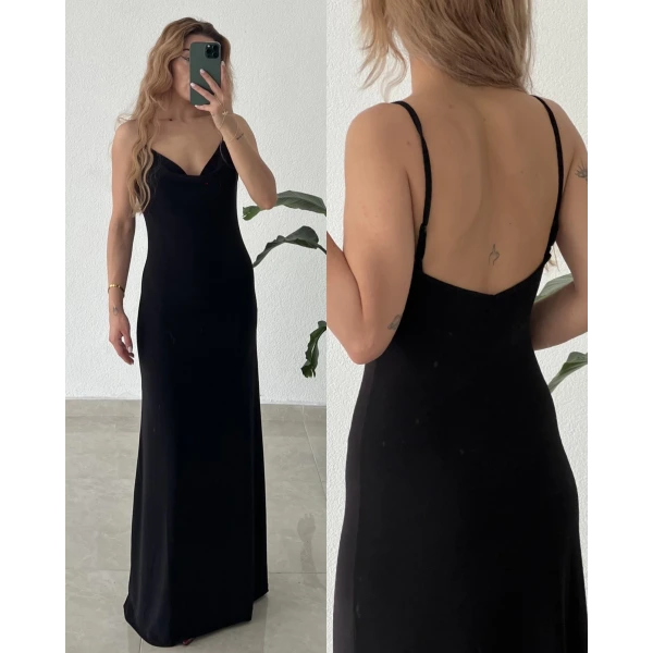 Degaje Yaka Maxi Boy Sırt Dekolteli Elbise