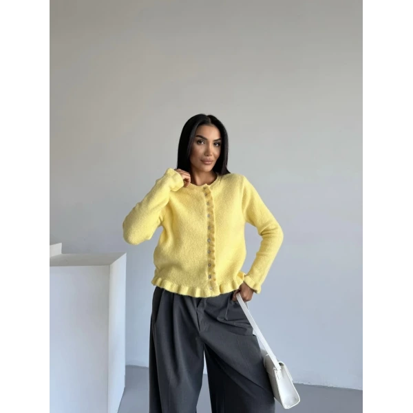 Volanlı Düğmeli Sarı Hırka