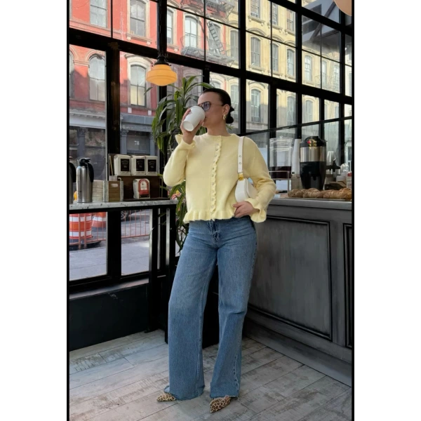 Volanlı Düğmeli Sarı Hırka