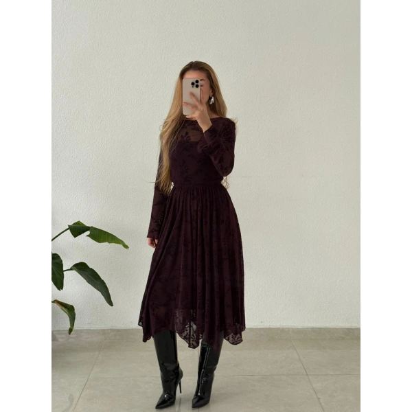 Flok Baskılı Kadife Dokulu Astarlı Kloş Midi Etek