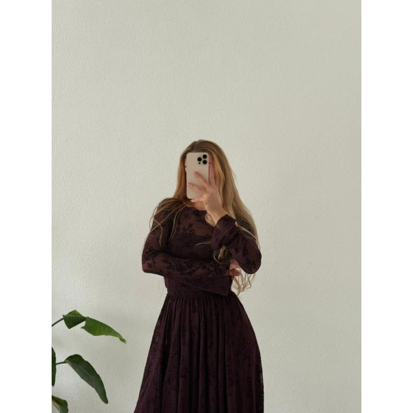 Flok Baskılı Kadife Dokulu Astarlı Kloş Midi Etek