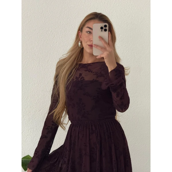 Flok Baskılı Kadife Dokulu Astarlı Kloş Midi Etek