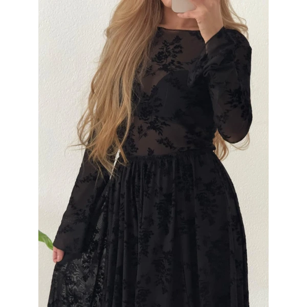 Flok Baskılı Kadife Dokulu Astarlı Kloş Midi Etek